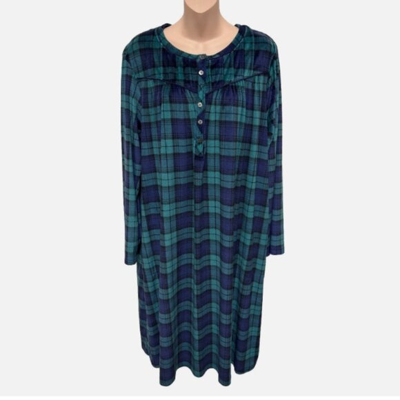 Aria Collections Nightgown Velour Green Plaid Lounge Wear XL(16-18) COZY SOFT - Picture 1 of 6
